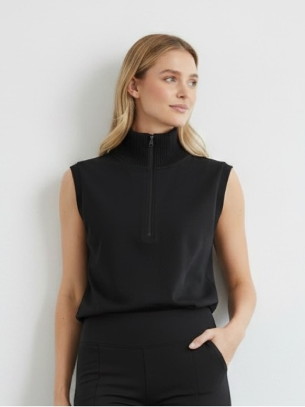 1373 • Black Scuba Quarter Zip Sleeveless Top